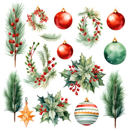 Watercolor christmas ornaments set. Vector illustration isolated on white backgroundの素材