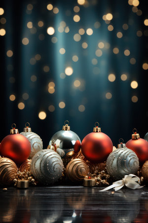 Christmas background with golden and red baubles on a dark backgroundの素材