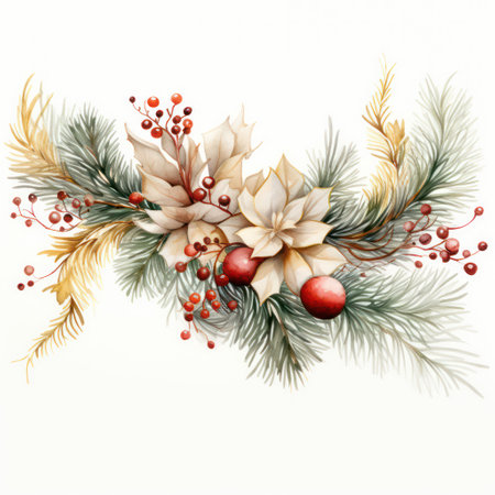Watercolor christmas wreath on white background. Hand painted twigs, cones and berries.の素材