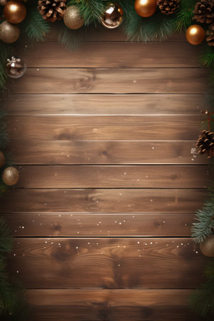 Christmas background with fir branches and baubbles on wooden planks with copy space for your text.の素材