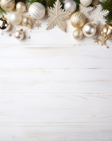 Christmas and New Year balls and stars lying on white wooden background. Space for text.の素材
