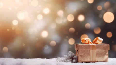 Gift box on snow with bokeh background. Christmas and New Year concept.の素材