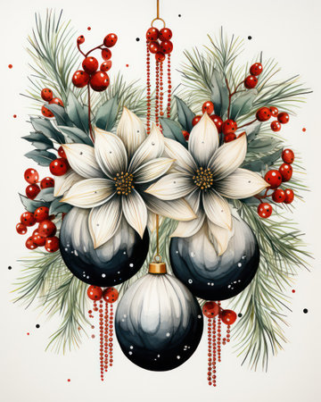 Christmas decoration with poinsettia flowers and holly berries.の素材