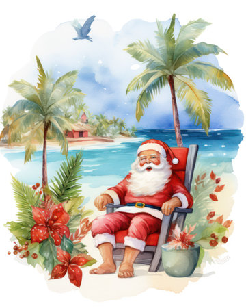 Santa Claus sitting on a chair on the beach. Watercolor illustrationの素材
