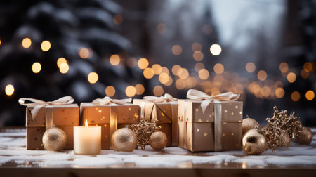 Christmas background. Festive decoration on bokeh background. New Year concept.の素材