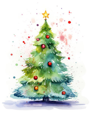 Watercolor Christmas tree with baubles. An artistic painting of a festive Christmas tree on a white background.の素材