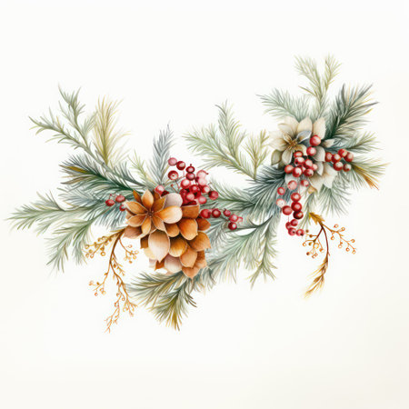 Watercolor christmas wreath on white background. Hand painted twigs, cones and berries.の素材