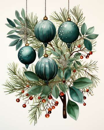 Christmas tree branch with blue baubles and berries. Watercolor illustration.の素材
