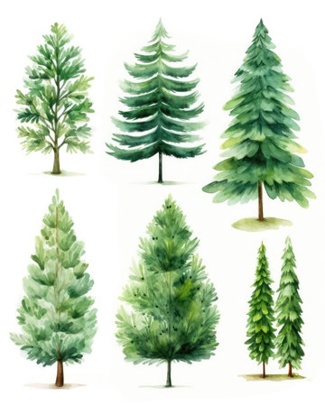 Set of watercolor pine trees isolated on white background. Hand drawn illustrationの素材