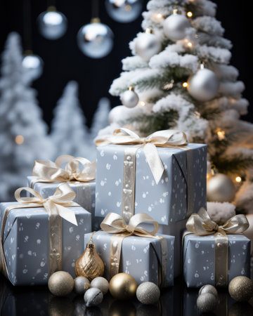 Christmas gift boxes with golden ribbons and Christmas tree on black backgroundの素材