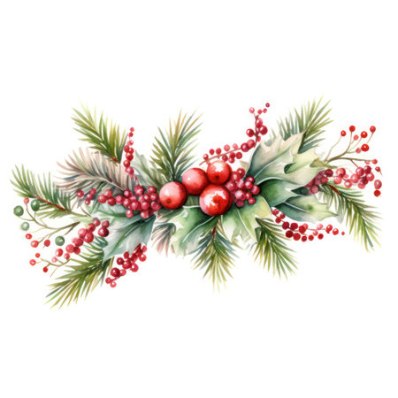 Watercolor christmas wreath on white background. Hand painted twigs, cones and berries.の素材