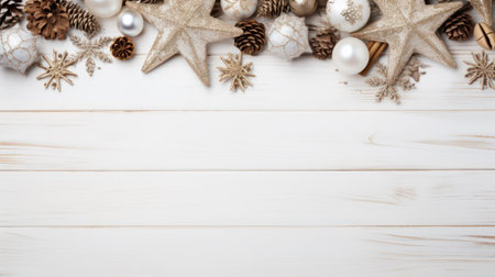 Christmas and New Year balls and stars lying on white wooden background. Space for text.の素材