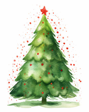 Watercolor Christmas tree with baubles. An artistic painting of a festive Christmas tree on a white background.の素材