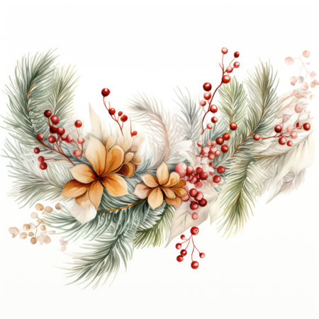 Watercolor christmas wreath on white background. Hand painted twigs, cones and berries.の素材