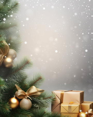 Christmas background with fir branches, golden balls and gift boxes on grey backgroundの素材