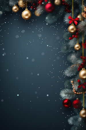 Christmas background with fir tree branches, baubles and snowflakesの素材