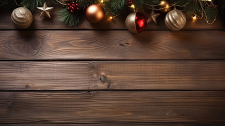 Christmas background with fir branches and baubbles on wooden planks with copy space for your text.の素材