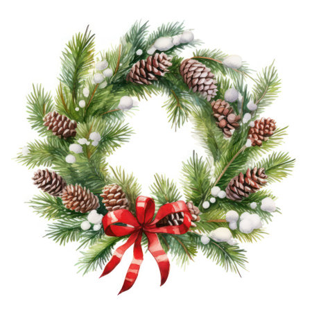 Watercolor christmas wreath on white background. Hand painted twigs, cones and berries.の素材