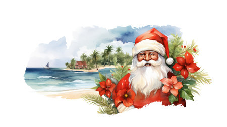Santa Claus on the beach. Watercolor hand drawn illustration, isolated on white backgroundの素材