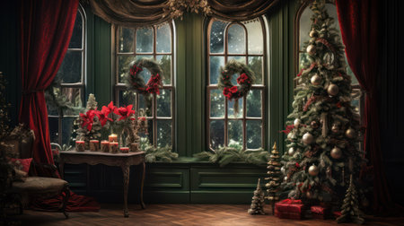 Classic green interior with window and Christmas decorations. 3D render.の素材