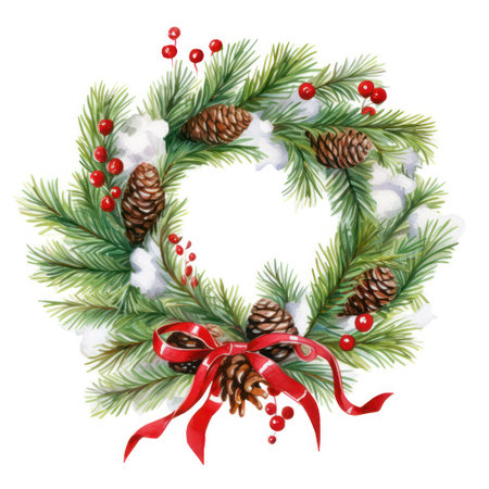 Watercolor christmas wreath on white background. Hand painted twigs, cones and berries.の素材