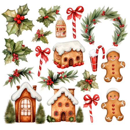 Christmas gingerbread houses, candy canes, holly berry and snowflakes isolated on white background.の素材