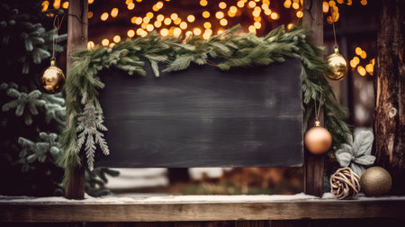 Blank blackboard with christmas tree in the snow. Christmas background.の素材