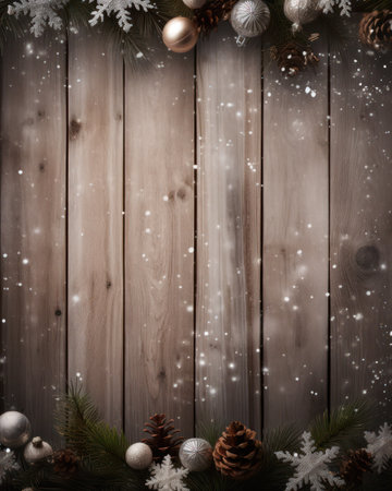 Christmas background with fir branches and baubbles on wooden planks with copy space for your text.の素材