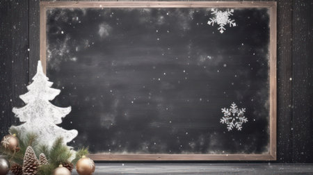 Blank blackboard with christmas tree in the snow. Christmas background.の素材