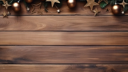 Christmas background with fir branches and baubbles on wooden planks with copy space for your text.の素材
