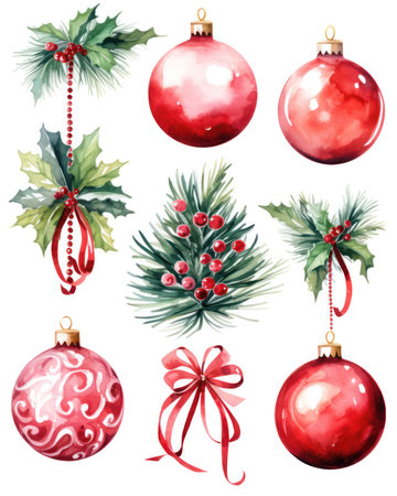 Watercolor Christmas ornaments set. Hand drawn vector illustration.の素材
