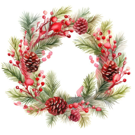 Watercolor christmas wreath on white background. Hand painted twigs, cones and berries.の素材