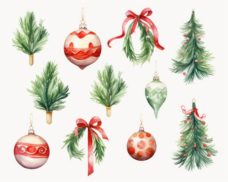 Set of watercolor Christmas and New Year elements. Vector illustration.の素材