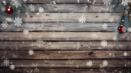 Christmas background with fir branches, snowflakes and baubbles on wooden planks with copy space for your text.の素材