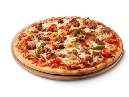Pizza with meat, pepper and tomato on a white background.の素材