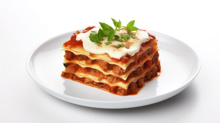 Portion of lasagna on a plate, isolated on white backgroundの素材