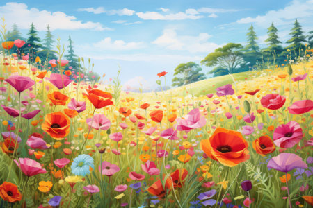 Watercolor painting. Meadow with flowers. Grassy field. Colorful landscape.の素材