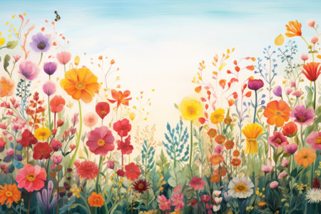 Watercolor painting. Meadow with flowers. Grassy field. Colorful landscape.の素材