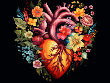 Heart of flowers. Floral design on dark background.の素材