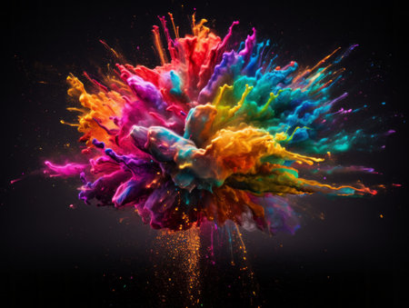 Powder explosion. Abstract colorful dust on dark background. Colorful painted splash.の素材