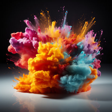 Powder explosion. Abstract colorful dust on dark background. Colorful painted splash.の素材