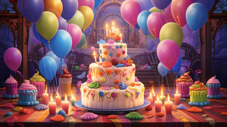 Celebration Birthday Background. Birthday Colorful Cake And Party Balloons.の素材