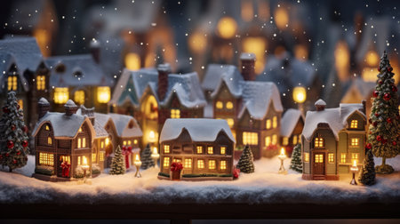 Christmas small town with snowy houses. Illuminated miniature Christmas village.の素材
