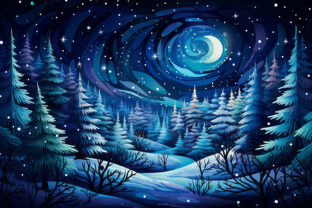 Painting winter night scene with trees, stars and moon. Fantasy landscape. Snowy forest with stars.の素材