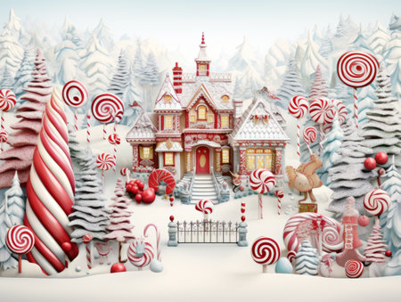 Winter landscape with Christmas village in snow, candy and gingerbread houses.の素材