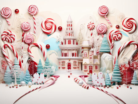 Winter landscape with Christmas village in snow, candy and gingerbread houses.の素材