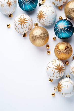 Christmas and New Year colorful balls and stars lying on white flat lay background. Space for text.の素材
