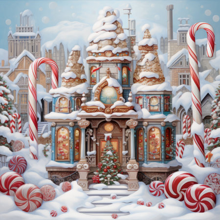 Winter landscape with Christmas village in snow, candy and gingerbread houses.の素材
