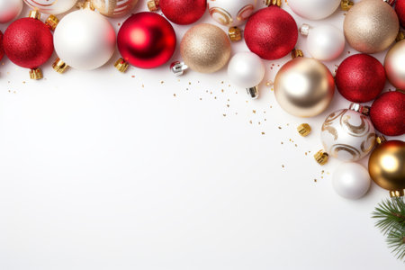 Christmas and New Year colorful balls and stars lying on white flat lay background. Space for text.の素材