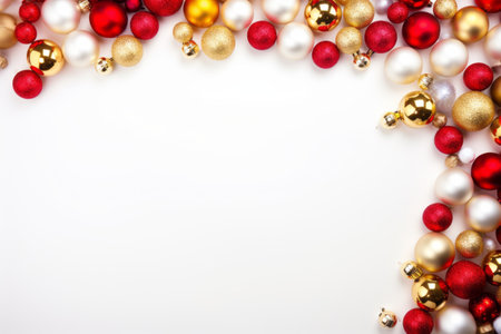 Christmas and New Year colorful balls and stars lying on white flat lay background. Space for text.の素材